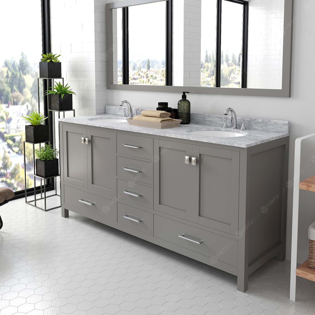 Virtu USA Caroline Avenue 72" Double Bath Vanity with White Marble Top and Round Sinks with Matching Mirror