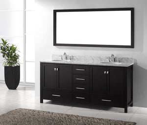 Virtu USA Caroline Avenue 72" Double Bath Vanity with White Marble Top and Round Sinks with Brushed Nickel Faucets with Matching Mirror