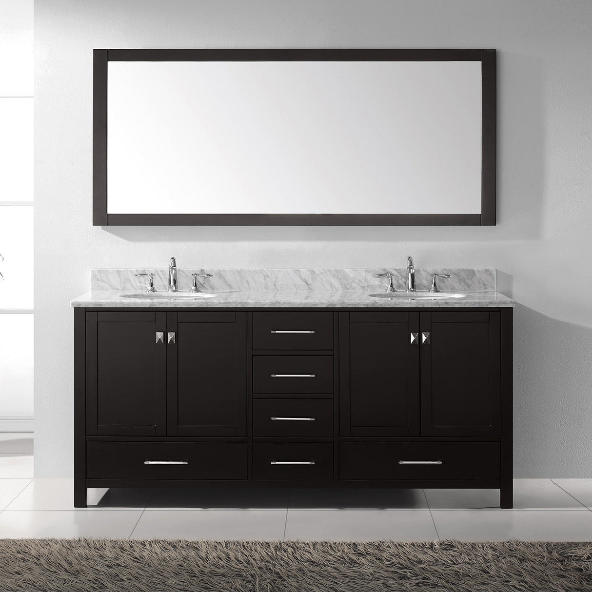 Virtu USA Caroline Avenue 72" Double Bath Vanity with White Marble Top and Round Sinks with Polished Chrome Faucets with Matching Mirror