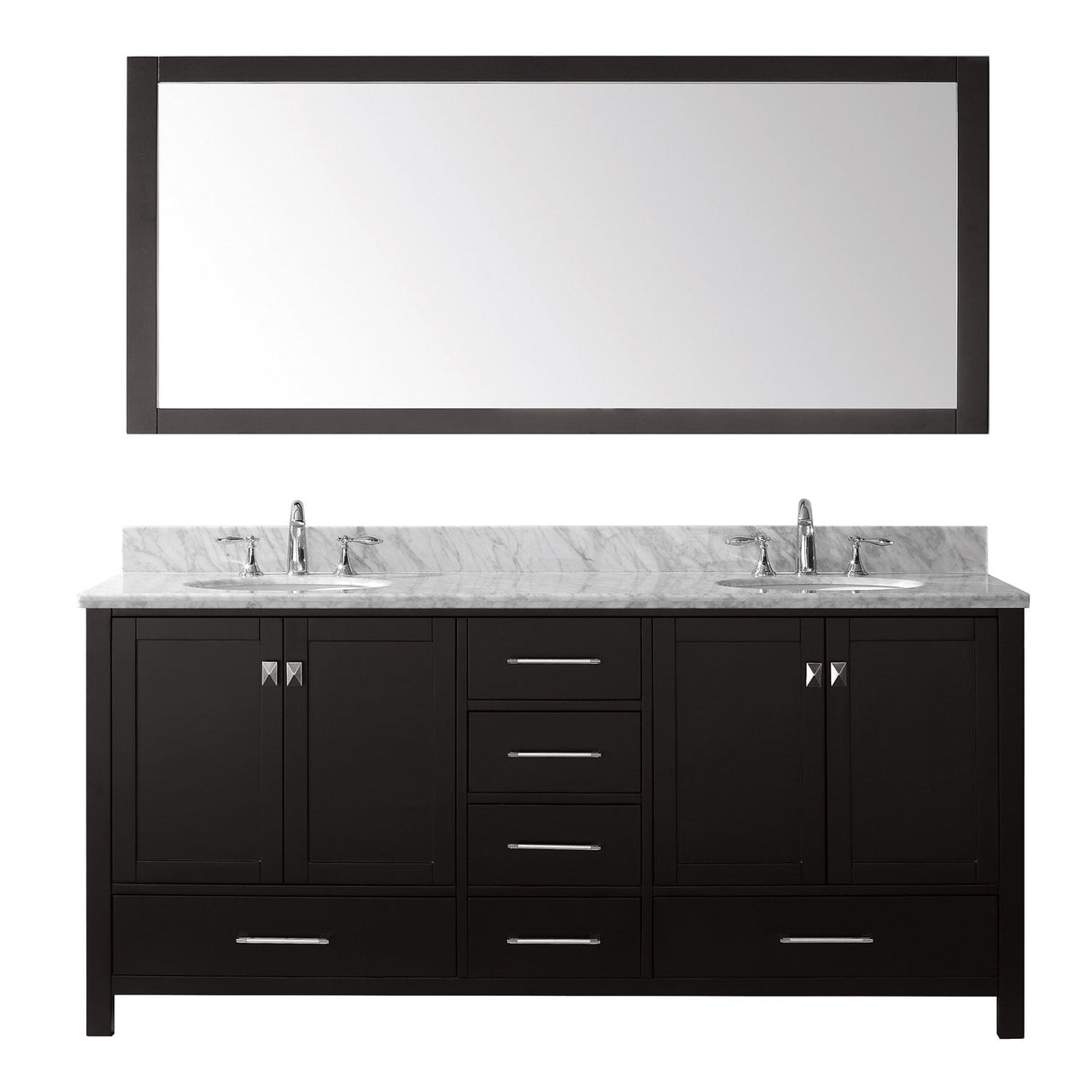 Virtu USA Caroline Avenue 72" Double Bath Vanity with Marble Top and Round Sink with Polished Chrome Faucet and Mirror - Luxe Bathroom Vanities