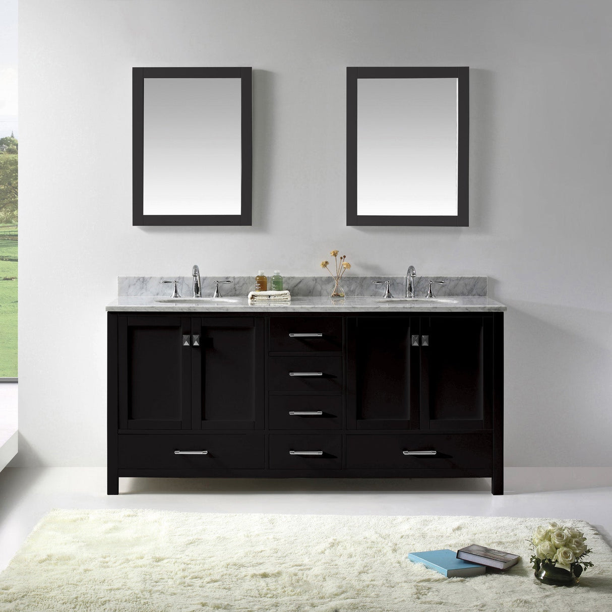 Virtu USA Caroline Avenue 72" Double Bath Vanity with White Marble Top and Round Sinks with Matching Mirrors