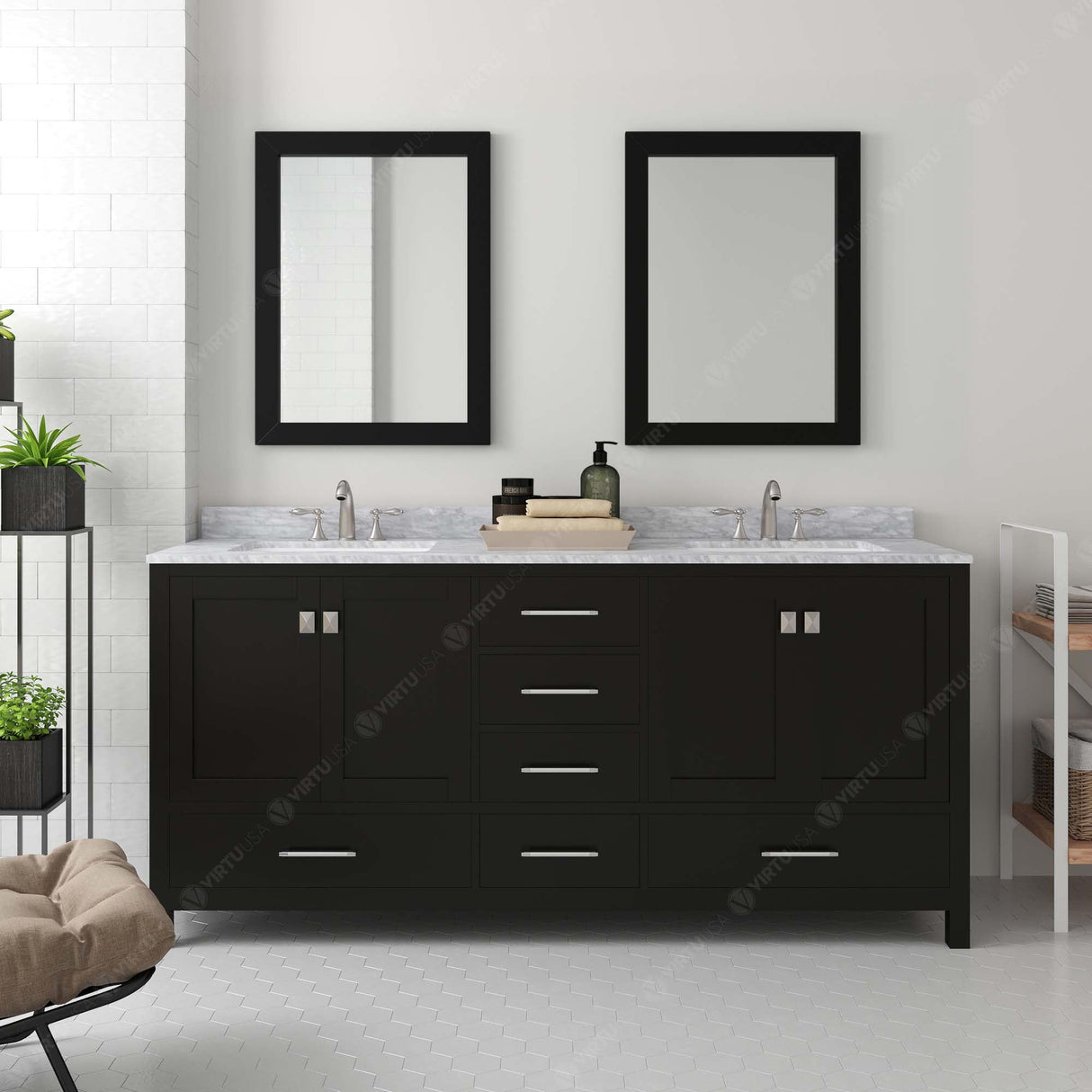 Virtu USA Caroline Avenue 72" Double Bath Vanity with White Marble Top and Round Sinks with Matching Mirrors