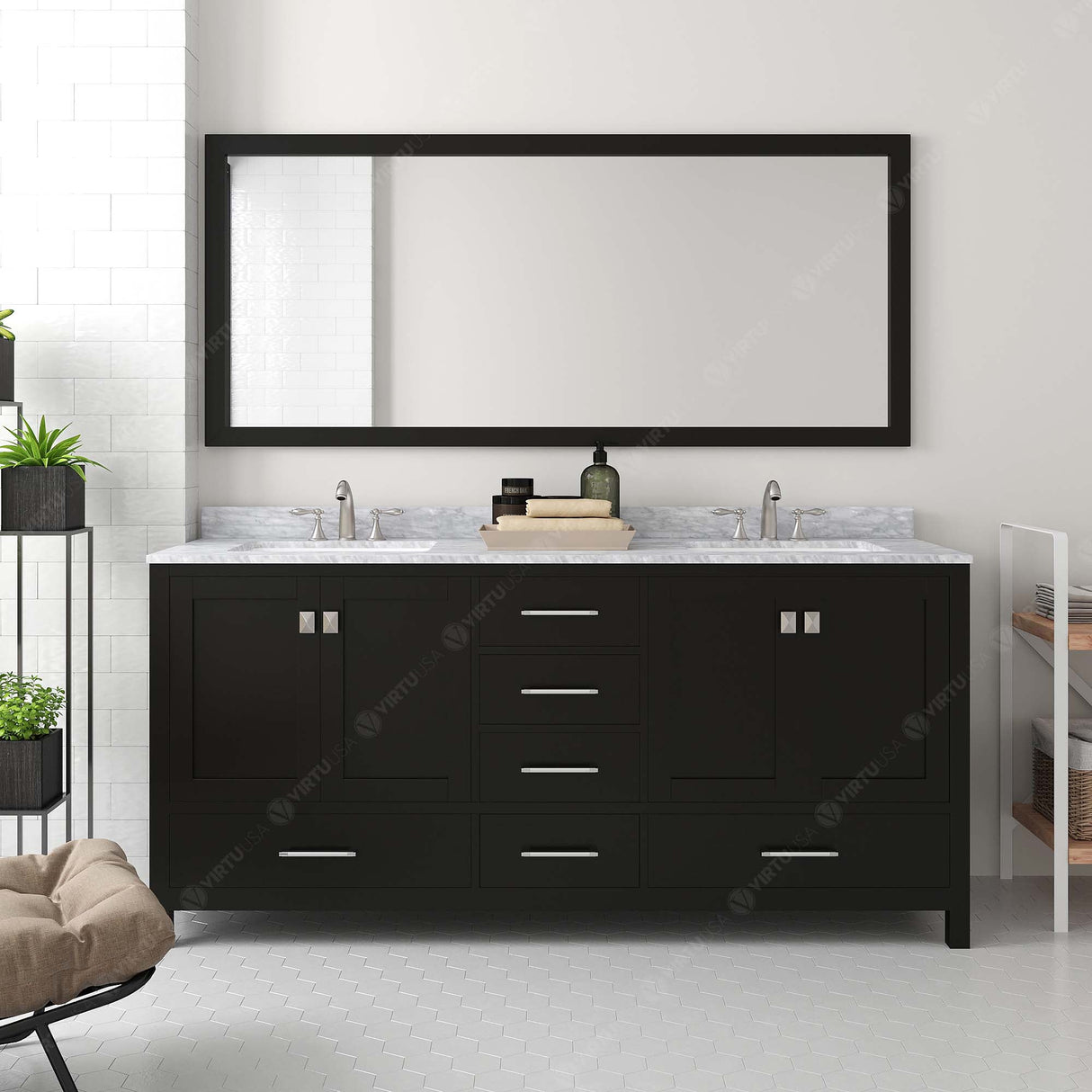 Virtu USA Caroline Avenue 72" Double Bath Vanity with White Marble Top and Round Sinks with Matching Mirror