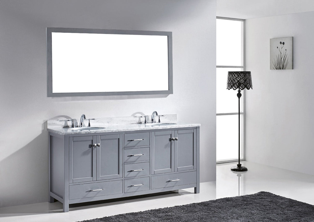 Virtu USA Caroline Avenue 72" Double Bath Vanity with White Marble Top and Round Sinks with Polished Chrome Faucets with Matching Mirror