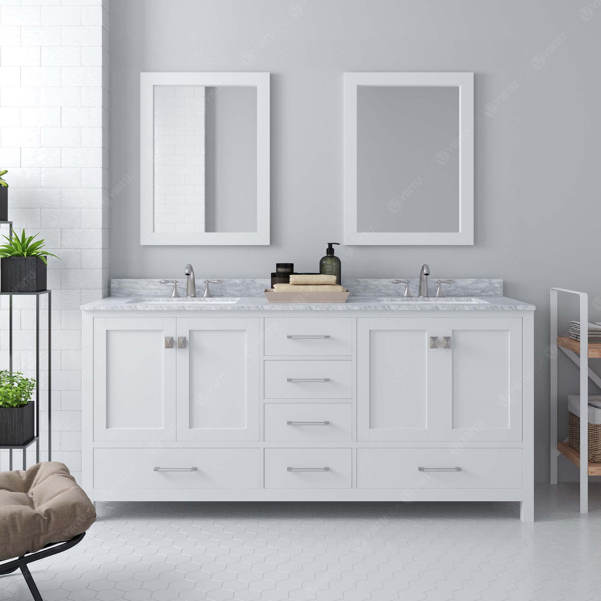 Virtu USA Caroline Avenue 72" Double Bath Vanity with White Marble Top and Round Sinks with Matching Mirrors