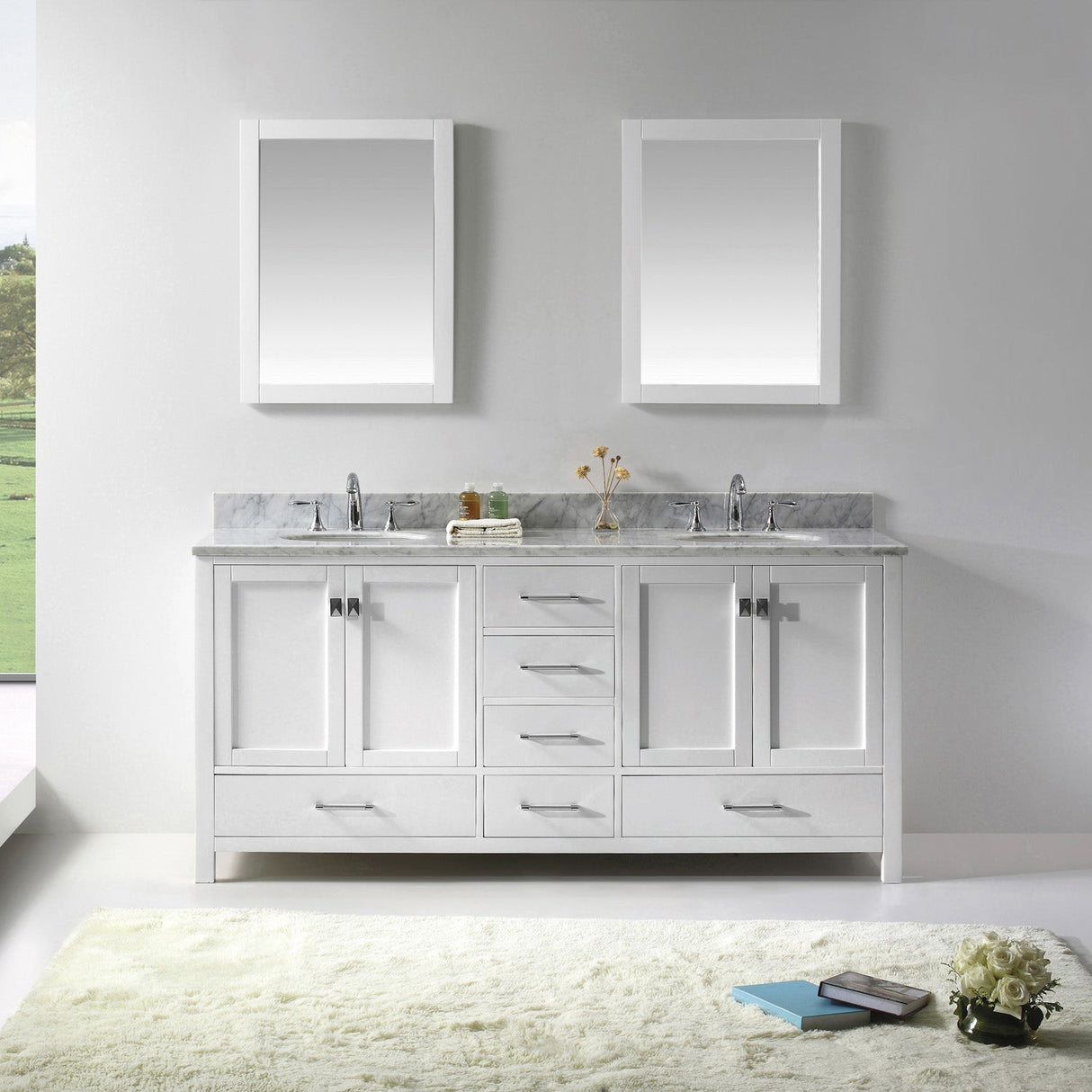 Virtu USA Caroline Avenue 72" Double Bath Vanity with White Marble Top and Round Sinks with Matching Mirrors