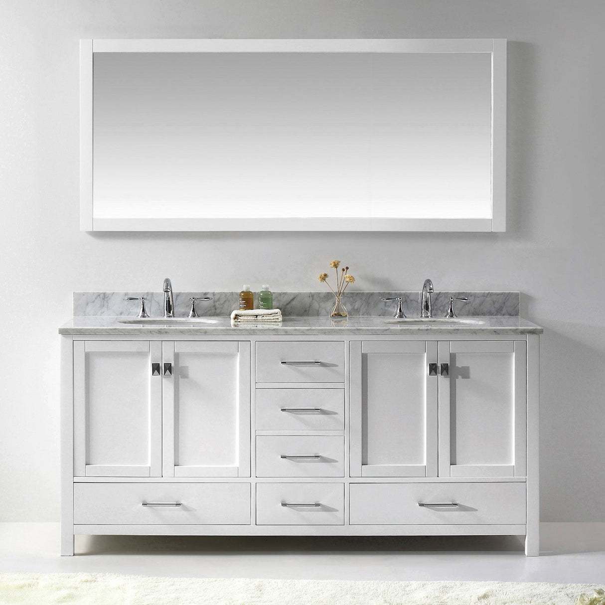 Virtu USA Caroline Avenue 72" Double Bath Vanity with White Marble Top and Round Sinks with Matching Mirror