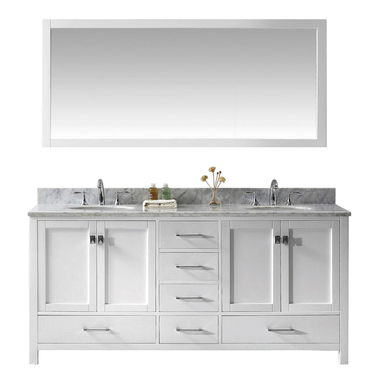 Virtu USA Caroline Avenue 72" Double Bath Vanity in White with White Marble Top and Round Sinks with Matching Mirror - Luxe Bathroom Vanities