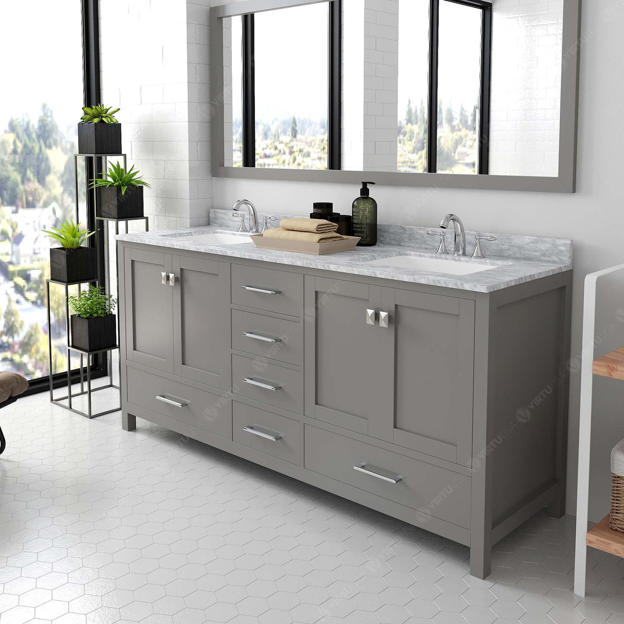 Virtu USA Caroline Avenue 72" Double Bath Vanity with White Marble Top and Square Sinks with Matching Mirror