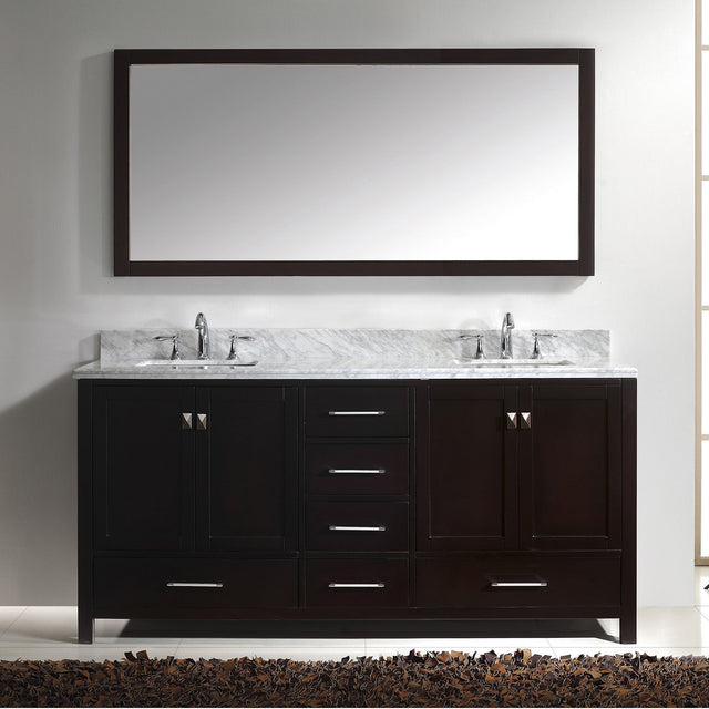 Virtu USA Caroline Avenue 72" Double Bath Vanity with White Marble Top and Square Sinks with Brushed Nickel Faucets with Matching Mirror