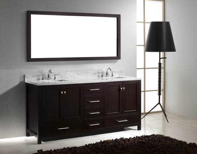 Virtu USA Caroline Avenue 72" Double Bath Vanity with White Marble Top and Square Sinks with Brushed Nickel Faucets with Matching Mirror
