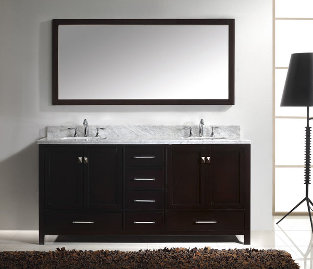Virtu USA Caroline Avenue 72" Double Bath Vanity with White Marble Top and Square Sinks with Polished Chrome Faucets with Matching Mirror