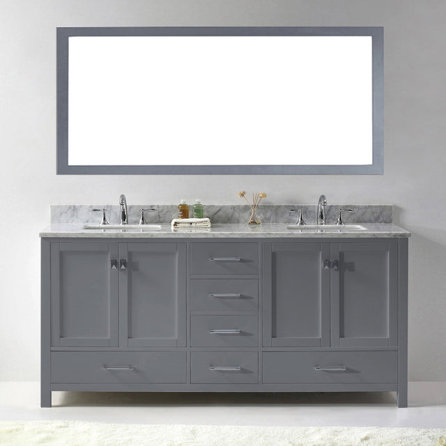 Virtu USA Caroline Avenue 72" Double Bath Vanity with White Marble Top and Square Sinks with Brushed Nickel Faucets with Matching Mirror