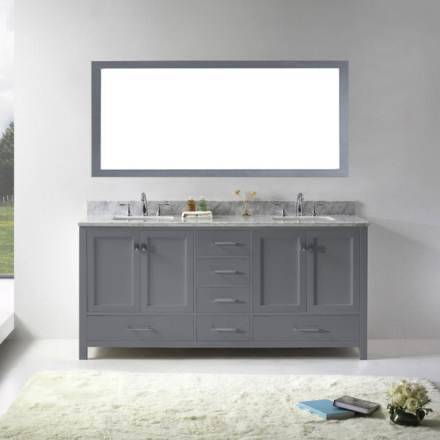 Virtu USA Caroline Avenue 72" Double Bath Vanity with White Marble Top and Square Sinks with Polished Chrome Faucets with Matching Mirror