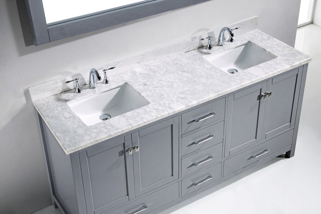 Virtu USA Caroline Avenue 72" Double Bath Vanity with White Marble Top and Square Sinks with Polished Chrome Faucets with Matching Mirror