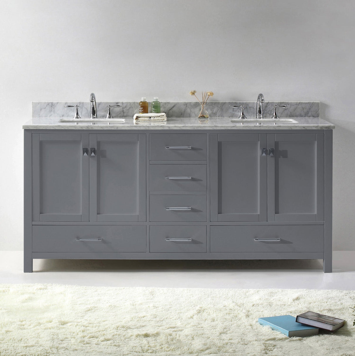 Virtu USA Caroline Avenue 72" Double Bath Vanity with White Marble Top and Square Sinks