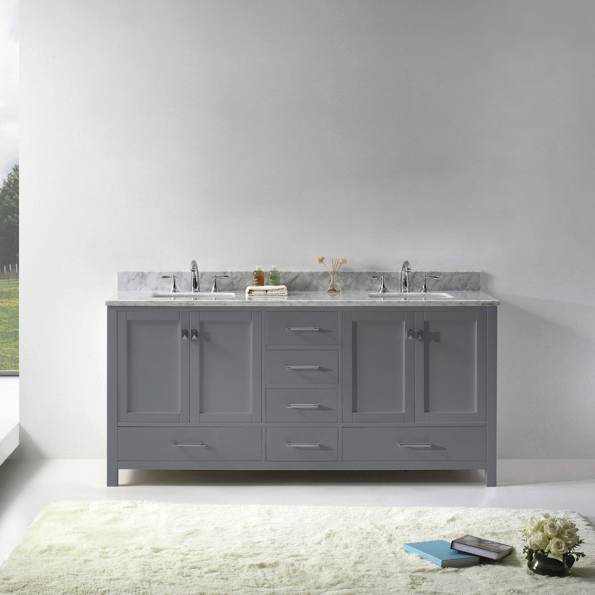 Virtu USA Caroline Avenue 72" Double Bath Vanity with White Marble Top and Square Sinks