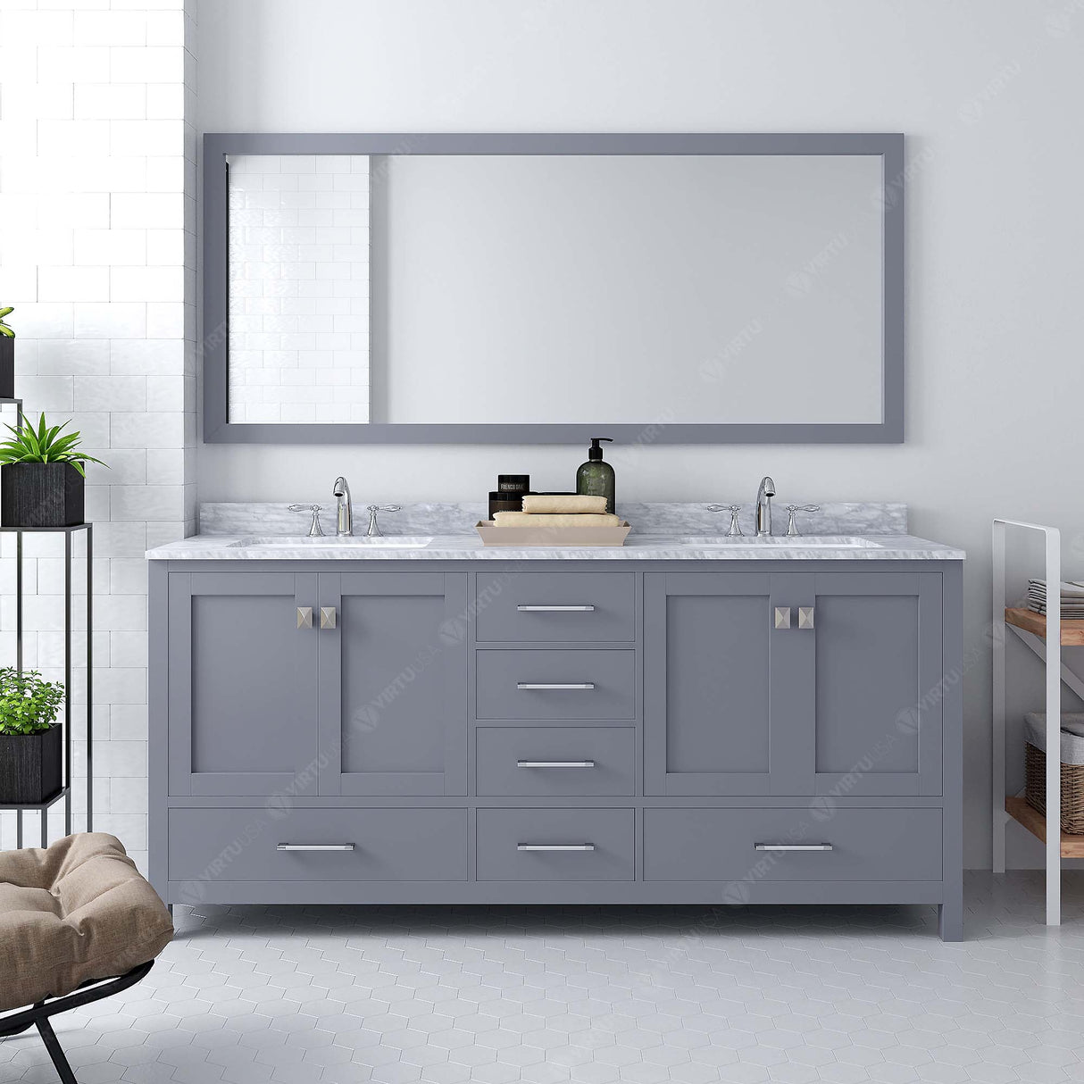 Virtu USA Caroline Avenue 72" Double Bath Vanity with White Marble Top and Square Sinks with Matching Mirror