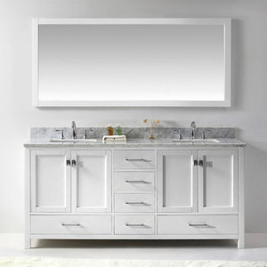 Virtu USA Caroline Avenue 72" Double Bath Vanity with White Marble Top and Square Sinks with Brushed Nickel Faucets with Matching Mirror