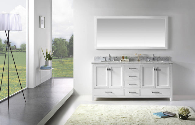 Virtu USA Caroline Avenue 72" Double Bath Vanity with White Marble Top and Square Sinks with Brushed Nickel Faucets with Matching Mirror