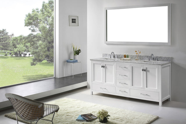 Virtu USA Caroline Avenue 72" Double Bath Vanity with White Marble Top and Square Sinks with Brushed Nickel Faucets with Matching Mirror