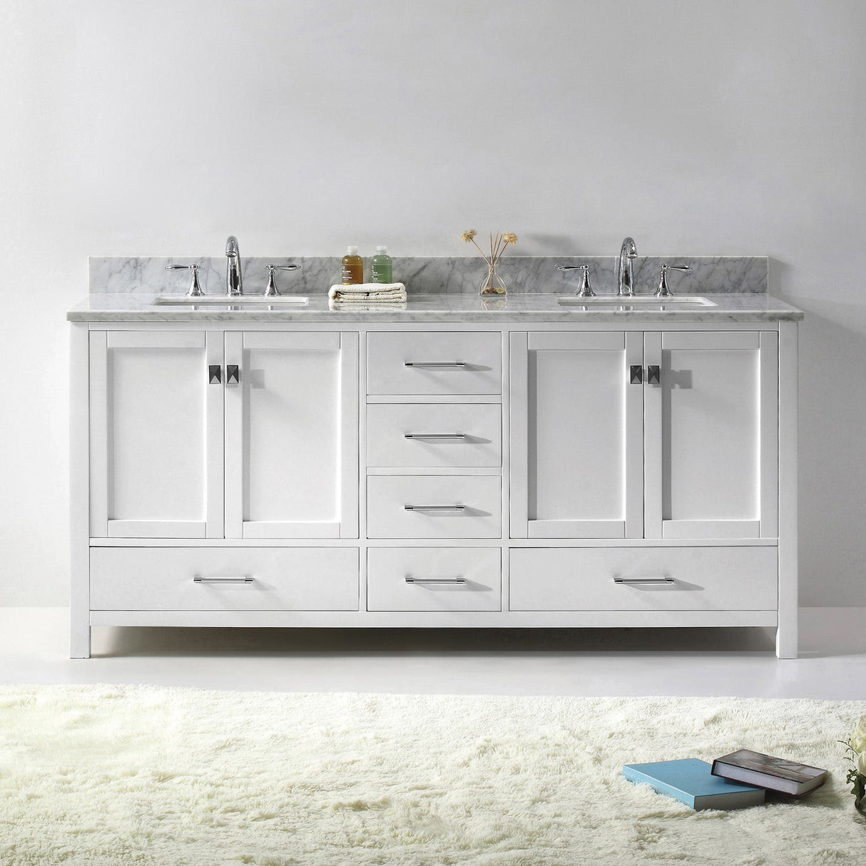 Virtu USA Caroline Avenue 72" Double Bath Vanity with White Marble Top and Square Sinks