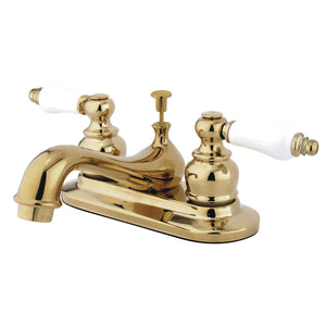 Restoration GKB602B Two-Handle 3-Hole Deck Mount 4" Centerset Bathroom Faucet with Plastic Pop-Up, Polished Brass
