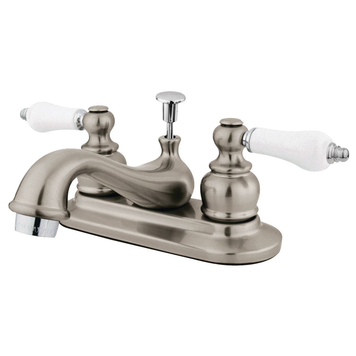Restoration GKB607B Two-Handle 3-Hole Deck Mount 4" Centerset Bathroom Faucet with Plastic Pop-Up, Brushed Nickel/Polished Chrome