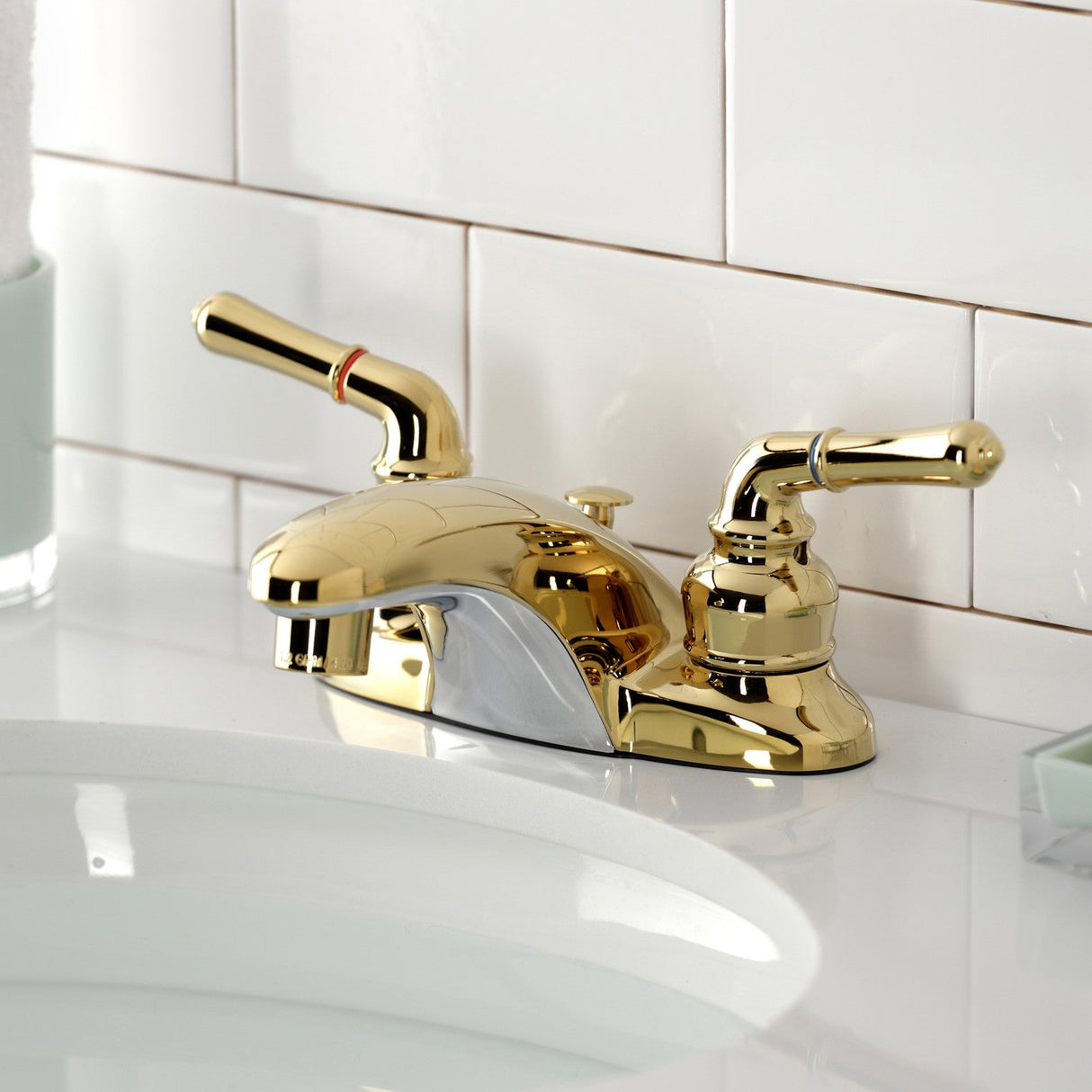 Magellan GKB622 Two-Handle 3-Hole Deck Mount 4" Centerset Bathroom Faucet with Plastic Pop-Up, Polished Brass