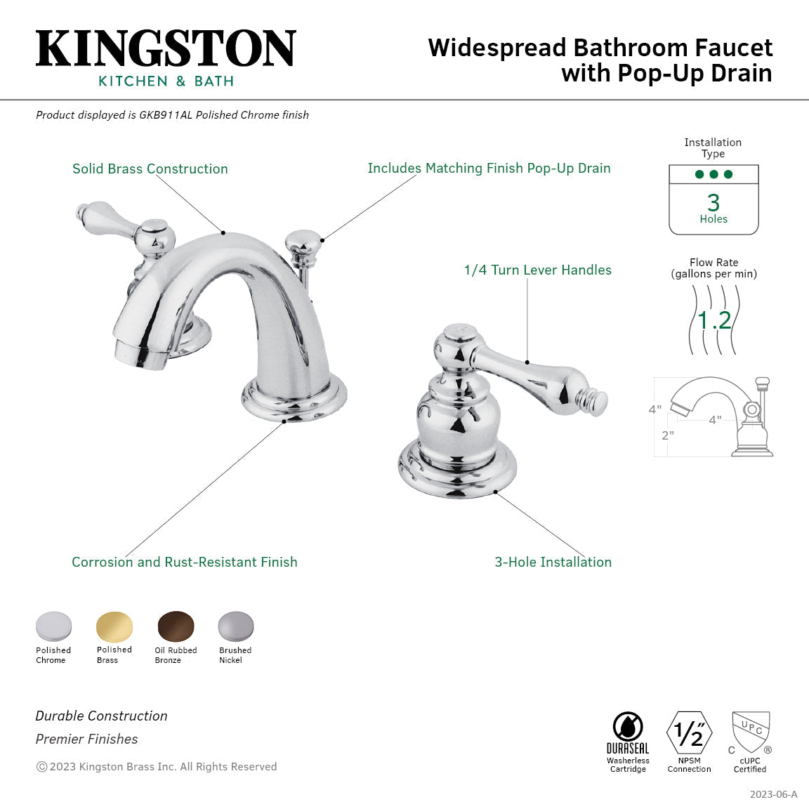 English Country GKB911AL Two-Handle 3-Hole Deck Mount Widespread Bathroom Faucet with Plastic Pop-Up, Polished Chrome
