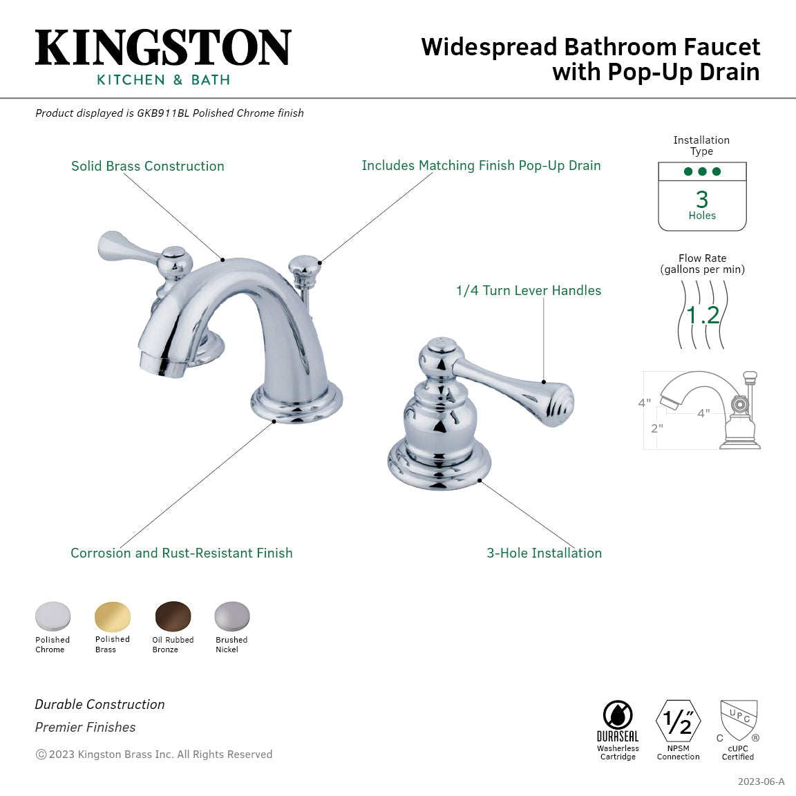 Vintage GKB912BL Two-Handle 3-Hole Deck Mount Widespread Bathroom Faucet with Plastic Pop-Up, Polished Brass