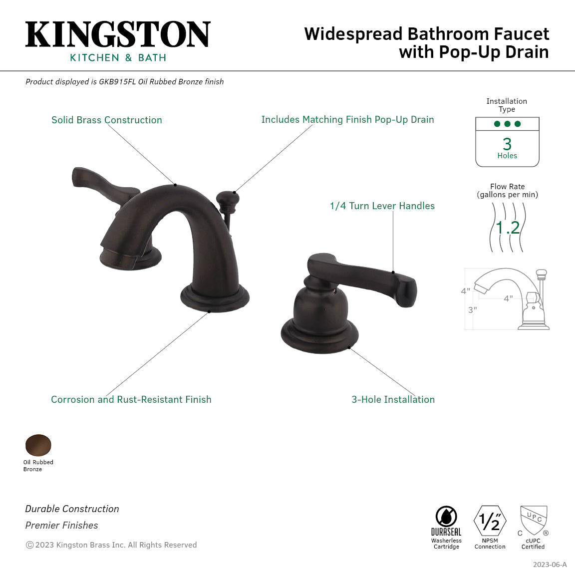 Royale GKB915FL Two-Handle 3-Hole Deck Mount Widespread Bathroom Faucet with Plastic Pop-Up, Oil Rubbed Bronze