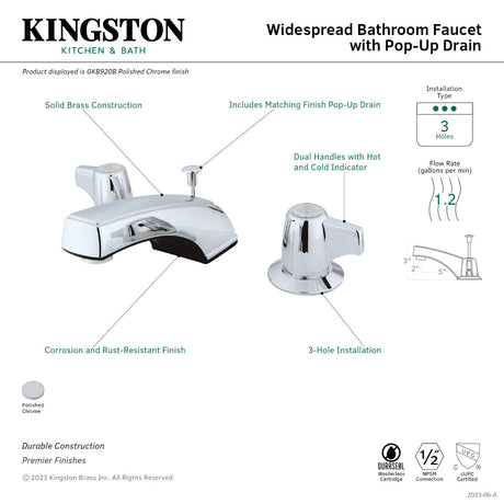 Americana GKB920B Two-Handle 3-Hole Deck Mount Widespread Bathroom Faucet with Retail Pop-Up, Polished Chrome