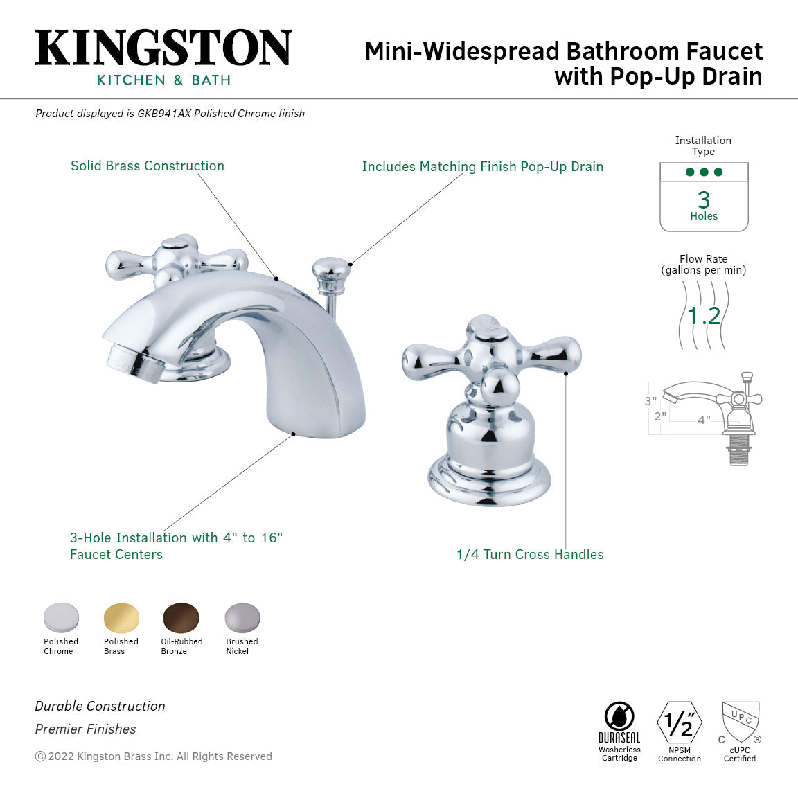 Magellan GKB941AX Two-Handle 3-Hole Deck Mount Mini-Widespread Bathroom Faucet with Plastic Pop-Up, Polished Chrome