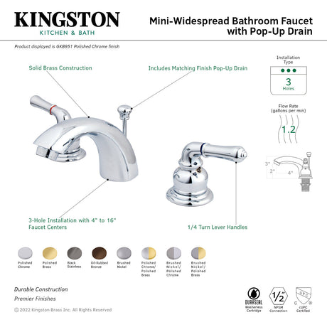 Magellan GKB954 Two-Handle 3-Hole Deck Mount Mini-Widespread Bathroom Faucet with Plastic Pop-Up, Polished Chrome/Polished Brass