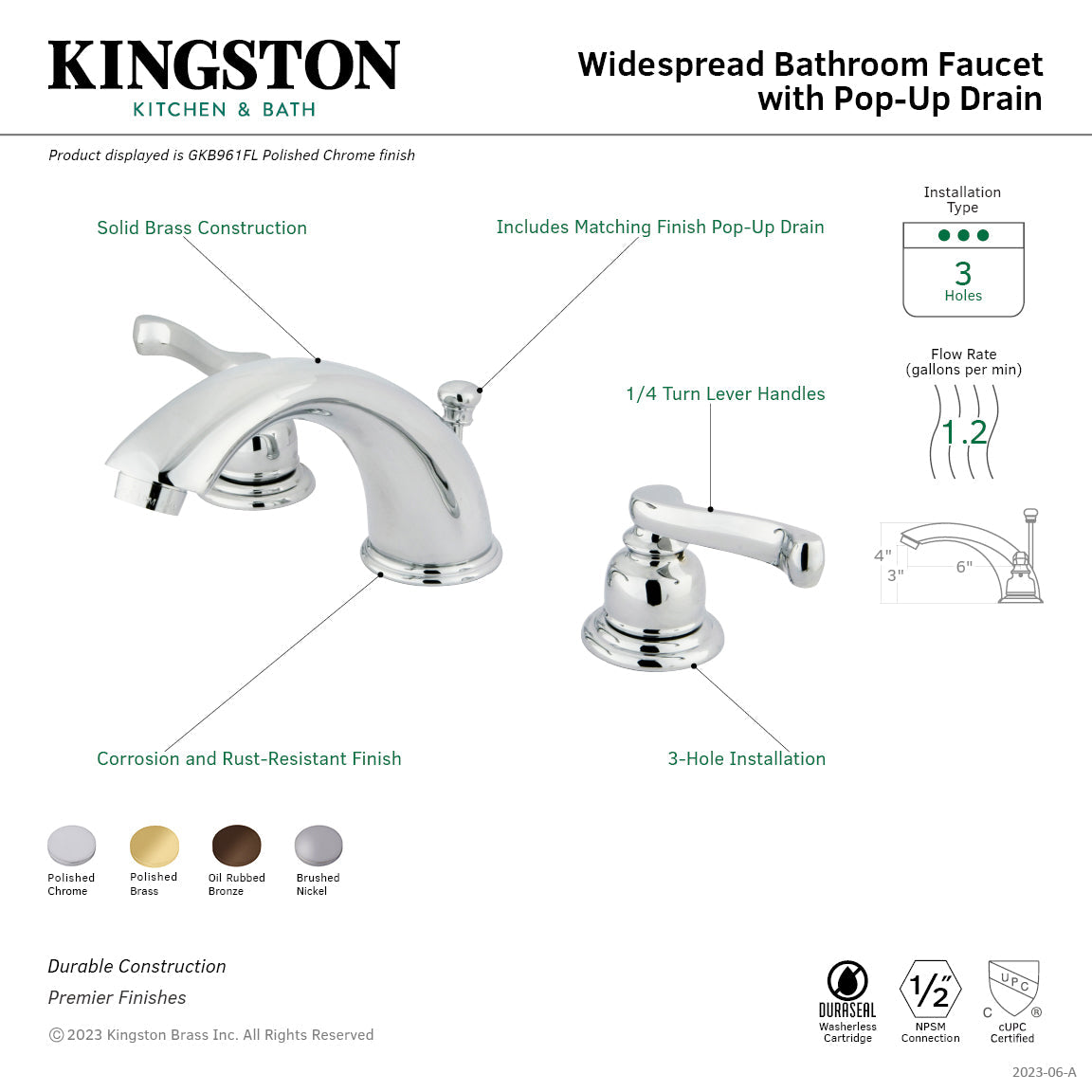 Royale GKB962FL Two-Handle 3-Hole Deck Mount Widespread Bathroom Faucet with Plastic Pop-Up, Polished Brass