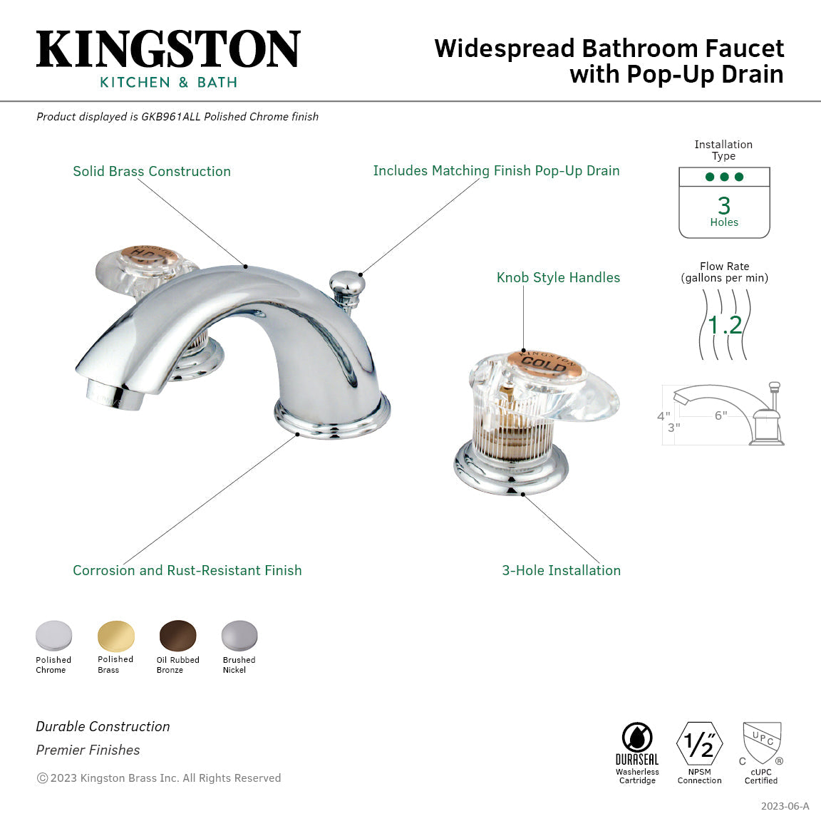 Victorian GKB968ALL Two-Handle 3-Hole Deck Mount Widespread Bathroom Faucet with Plastic Pop-Up, Brushed Nickel