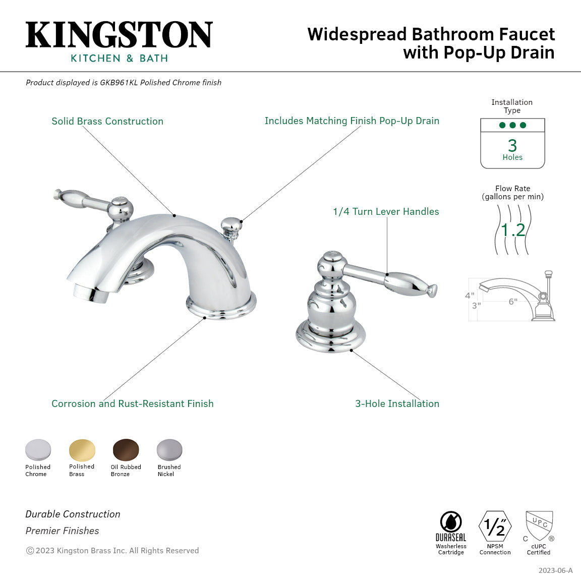 Knight GKB968KL Two-Handle 3-Hole Deck Mount Widespread Bathroom Faucet with Plastic Pop-Up, Brushed Nickel