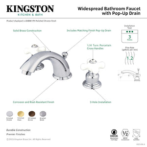 English Country GKB968PX Two-Handle 3-Hole Deck Mount Widespread Bathroom Faucet with Plastic Pop-Up, Brushed Nickel