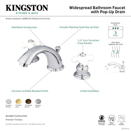 English Country GKB968PX Two-Handle 3-Hole Deck Mount Widespread Bathroom Faucet with Plastic Pop-Up, Brushed Nickel