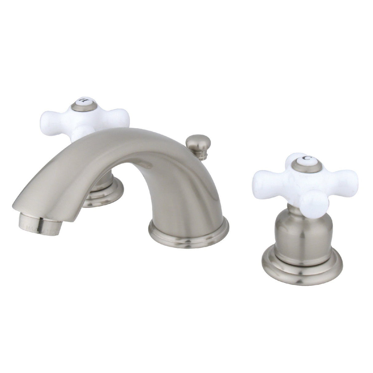 English Country GKB968PX Two-Handle 3-Hole Deck Mount Widespread Bathroom Faucet with Plastic Pop-Up, Brushed Nickel