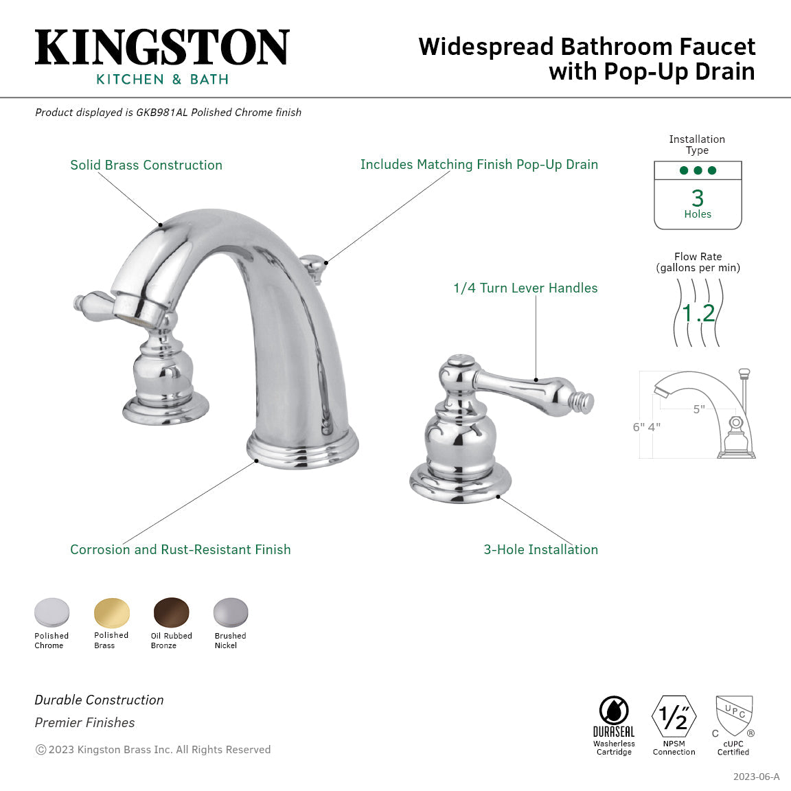 Victorian GKB981AL Two-Handle 3-Hole Deck Mount Widespread Bathroom Faucet with Plastic Pop-Up, Polished Chrome