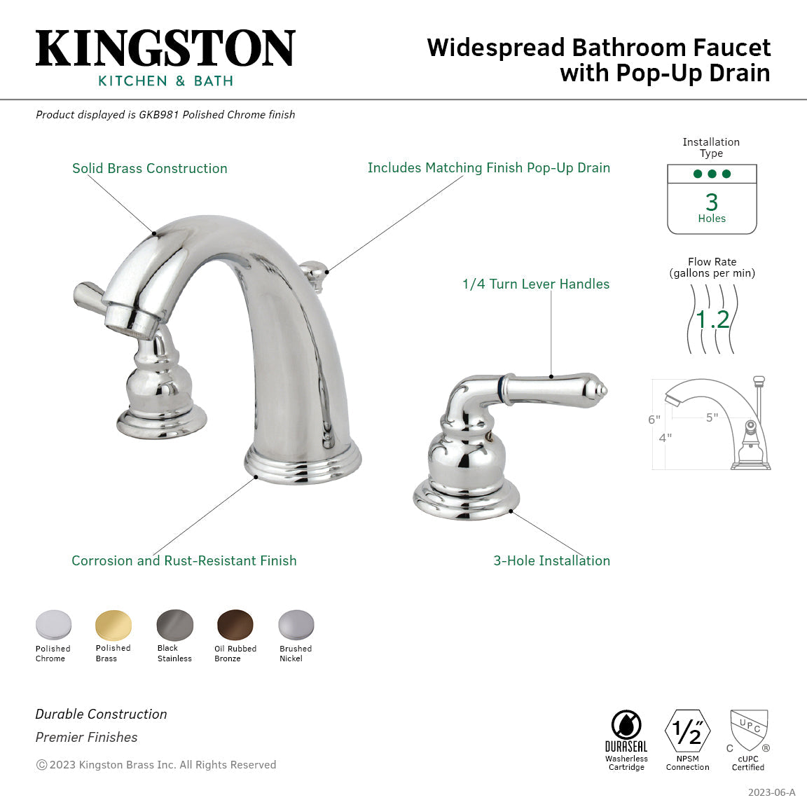 Magellan GKB982 Two-Handle 3-Hole Deck Mount Widespread Bathroom Faucet with Plastic Pop-Up, Polished Brass