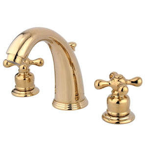Victorian GKB982AX Two-Handle 3-Hole Deck Mount Widespread Bathroom Faucet with Plastic Pop-Up, Polished Brass
