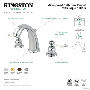 English Country GKB982PL Two-Handle 3-Hole Deck Mount Widespread Bathroom Faucet with Plastic Pop-Up, Polished Brass