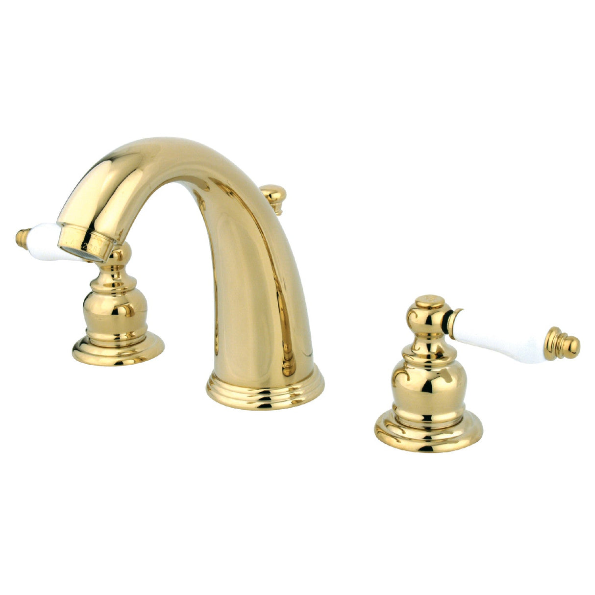English Country GKB982PL Two-Handle 3-Hole Deck Mount Widespread Bathroom Faucet with Plastic Pop-Up, Polished Brass
