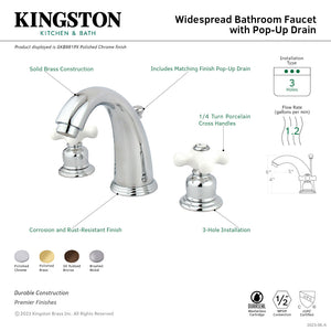 English Country GKB988PX Two-Handle 3-Hole Deck Mount Widespread Bathroom Faucet with Plastic Pop-Up, Brushed Nickel