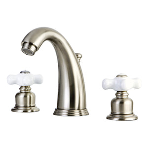 English Country GKB988PX Two-Handle 3-Hole Deck Mount Widespread Bathroom Faucet with Plastic Pop-Up, Brushed Nickel