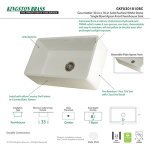 Arcticstone GKFA301810BC 30-Inch Solid Surface White Stone Apron-Front Single Bowl Farmhouse Kitchen Sink, Matte White