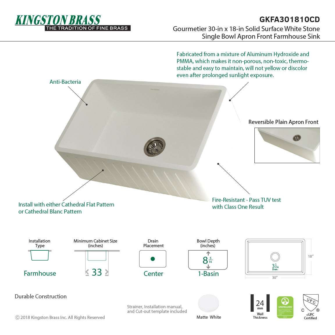 Arcticstone GKFA301810CD 30-Inch Solid Surface White Stone Apron-Front Single Bowl Farmhouse Kitchen Sink, Matte White